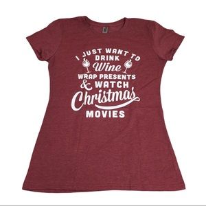 Funny Holiday Red White Wine Graphic Christmas Short Sleeve T-shirt Size Medium